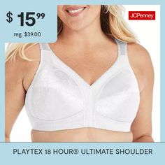 Deemed a Gotta-Have-It item for value you can count on every day! Comfort You DeserveNo Slip, Back Adjustable, Comfort Cushion Straps To Help Relieve Pressure On The Shoulders And Prevent Dig-In.Wireless Comfort.No Itchy Tags, We Are All Tagless.Support You Can TrustFuller Cups With Supportive M-frame For Amazing Support.TruSupport Bra Design That Provides A 4-way Support System: Extra Side And Extra Back Support, Fuller Cups To Reduce Spillage, And Designed With Comfort Strap(R) For All-day Co… Wireless Bra For Large Bust, Playtex Bras, Bra Design, White Bras, White Sports Bra, Unlined Bra, Full Coverage Bra, Bra Types, Support System