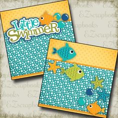 two cards with fish on them and the words'little swimmer'written in blue