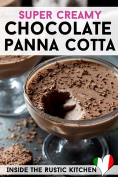 chocolate panna cota dessert with text overlay