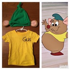 there are two pictures one has a yellow shirt and the other has a green hat