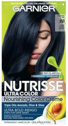 Description Hair Type: All Hair Types Health Facts: Paraben-free, aluminum-free Product Form: Cream Hair Color: Blue Beauty Purpose: Hair coloring Processing Time: 30 minutes Dark Midnight Blue Hair, Garnier Nutrisse Hair Color, Feria Hair Color, Midnight Blue Hair, Garnier Hair Color, Drugstore Hair Products, Maybelline Color Tattoo, Dyed Hair Blue, Black Hair Dye