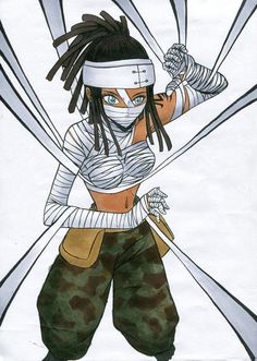 a drawing of a woman with dreadlocks and bandages on her head, holding two swords