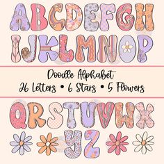 an alphabet with flowers on it and the letters in pink, purple, and orange