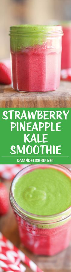 strawberry pineapple kale smoothie with text overlay