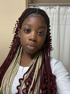 Red And Blonde Hair Braids, Burgundy And Blonde Peekaboo Braids, Braids Hairstyles Red And Black, Brown And Red Peekaboo Braids, Brown And Red Knotless Braids, Burgundy Blonde Braids, Blonde And Red Peekaboo Braids, Red And Blonde Hair Color Braids, Maroon And Blonde Braids