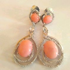 Silver Natural Stones Long Earrings High End Juicy Couture Earrings, Semi Precious Earrings, Pink Rhodonite, Silver Chandelier Earrings, Betsey Johnson Earrings, Silver Chandelier, Elephant Earrings, Ghost Earrings, Open Hoop Earrings