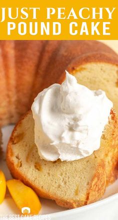 a piece of pound cake on a plate with whipped cream and oranges around it