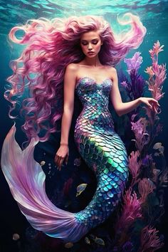 a beautiful mermaid with pink hair is standing under the water and holding her long, flowing tail