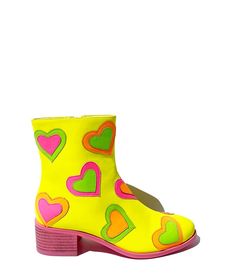 Neon Yellow & Rainbow Heart to Heart Ankle Boot - Unique Vintage - Womens, SHOES, BOOTS Heart To Heart, Retro Shoes, Rainbow Heart, 2 Inch Heels, Neon Yellow, Vintage Shoes, Holiday Fashion, Unique Vintage, Side Zipper