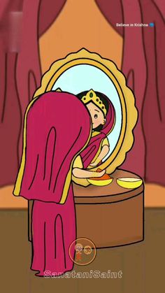 a cartoon image of a woman looking at herself in the mirror with her head down