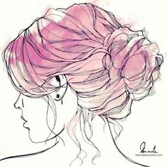 a drawing of a woman's head with pink hair and flowers in her hair