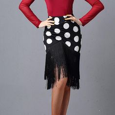 Womens A-Line Classic Regular Waist Latin Skirt with Tassels – DANCEYM Polka Dot Skirt For Party, Elegant Fitted Polka Dot Bottoms, Polka Dot Party Skirt, Fitted Polka Dot Knee-length Skirt, Fitted Knee-length Polka Dot Skirt, Polka Dot Fitted Party Bottoms, Elegant Fitted Polka Dot Skirt, Summer Party Polka Dot Bottoms, Summer Polka Dot Party Bottoms