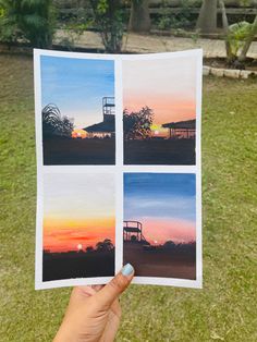 someone is holding up some pictures in their hand with the sun going down behind them