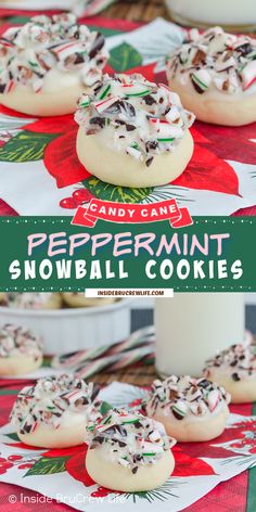 candy cane peppermint snowball cookies with white frosting and sprinkles