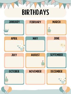 a printable birthday calendar with flowers and buntings on the top, in pastel colors