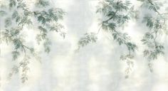 a white curtain with green leaves on it