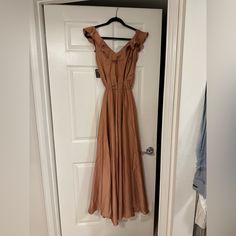 Brand New , Size 4 . Very Beautiful Peachy Color Dress Chic Apricot Maxi Dress, Chic Apricot Maxi Dress For Spring, Casual Apricot Dress For Party, Chic Apricot Dress For Day Out, Apricot Dress For Date Night In Spring, Spring Brown Maxi Dress For Date Night, Brown Maxi Dress For Spring Date Night, Feminine Brown Spring Dress, Chic Peach Maxi Dress For Brunch