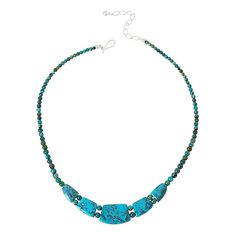 Jay King Sterling Silver Azure Peaks Turquoise 18" Necklace  The Azure Peaks Mongolian turquoise stones in this beaded necklace boast a beautiful blue-green color that's perfect for pairing with day or evening outfits. From Jay King.        Approx. 18"L x 11/16"W with 2-3/4" extender     Stamped .925     Hook closure     Necklace drape has five freeform turquoise stations strung together     Round turquoise beads complete necklace   Stone Information       All sizes and weights approximate     S Blue Single Strand Turquoise Necklace With Chrysocolla, Blue Turquoise Chrysocolla Necklace Single Strand, Turquoise Chrysocolla Gemstone Beads Necklace, Single Strand Turquoise Chrysocolla Necklace, Hand-strung Blue Turquoise Chrysocolla Necklace, Hand-strung Chrysocolla Turquoise Necklace, Adjustable Blue Turquoise Chrysocolla Necklace, Blue Turquoise Necklace With Gemstone Beads, Blue Turquoise Chrysocolla Necklace With Gemstone Beads