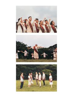 two pictures show people in traditional dress and one is throwing something up to the sky