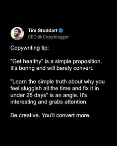 a text message from tim stoddart about copywriters and their content