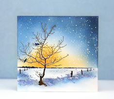 a painting of a tree in the snow with a bird on it's branch