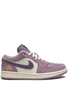 Air Jordan 1 Low IWD sneakers from JORDAN featuring purple, off-white, leather, panelled design, signature Swoosh logo detail, signature Jumpman motif, signature Air Jordan Wings logo, embroidered motif, text print, round toe, front lace-up fastening and flat sole. These styles are supplied by a premium sneaker marketplace. Stocking only the most sought-after footwear, they source and curate some of the most hard to find sneakers from around the world.. Nike Shoes Purple, Purple Jordans, Sneaker Concept, Jordan Lows, Nike Jordan 1 Low, Jordan 1 Lows, Jordan Wings, Jordan Low, Trendy Shoes Sneakers