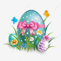 an easter egg with pink bow and daisies in the grass, eggs, flowers, butterflies png and psd