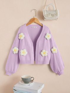 Lilac Purple Cute Collar Long Sleeve Worsted Floral  Embellished Slight Stretch  Tween Girls Clothing Cute Dress Outfits, Purple Cardigan, Casual Preppy Outfits, Purple Outfits, Cute Cardigans, Girls Cardigan, Lilac Purple, Really Cute Outfits, Cute Sweaters