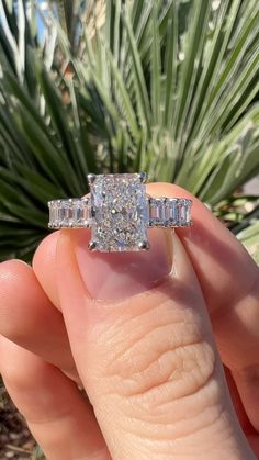 someone is holding an engagement ring in front of a plant with large stones on it