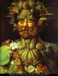 a painting of a man with fruit on his head and flowers in his hair is shown