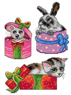 four cross stitch pictures of cats and dogs in christmas hats, with presents on them