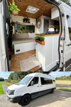 the inside and outside of a van with its door open, showing it's living area