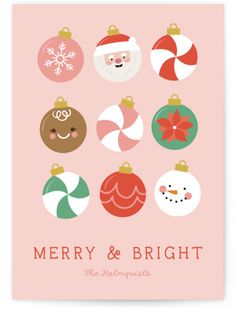 a christmas card with ornaments and santa clause on the front, merry and bright in pink