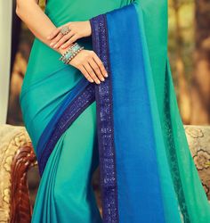 Shaded Blue & Green Designer Embroidered Silk Party Wear Saree-Saira's Boutique Blue Georgette Saree With Embroidered Border, Blue Georgette Sets With Embroidered Border, Bollywood Style Turquoise Blouse Piece, Turquoise Unstitched Blouse Piece, Blue Semi-stitched Blouse With Embroidered Border, Blue Fitted Saree With Embroidered Border, Semi-stitched Blue Blouse With Embroidered Border, Fitted Blue Saree With Embroidered Border, Turquoise Blouse Piece For Festivals