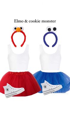 two children's dresses with sesame and cookie monster faces on them