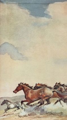 a painting of horses running in the desert with other animals behind them on a cloudy day