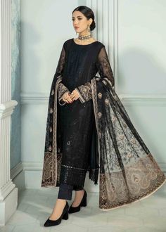 Unstitched Black Sheer Dupatta, Black Embroidered Border Unstitched Dupatta, Luxury Black Embroidered Dupatta Fabric, Bohemian Black Embroidered Thobe, Black Embroidered Maxi Length Dupatta, Chiffon Sleeves, Embroidered Chiffon, Chiffon Collection