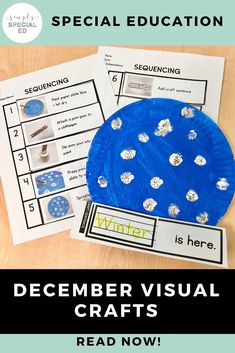 a blue paper plate with snowflakes on it and the words december visual crafts read now