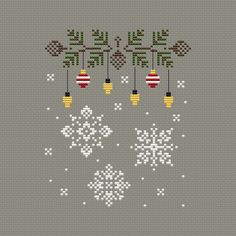 a cross stitch pattern with snowflakes and christmas lights hanging from the tree branches