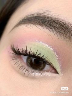 Light Green And Pink Eye Makeup, Flora Eye Makeup, Sage Green Prom Makeup Looks, Fairy Inspired Makeup Eyes, Pink Green Makeup Looks, Pastel Green Eyeshadow Looks, Sage Green Eye Makeup Quince, Sage Green And Pink Makeup, Pastel Green Makeup Looks