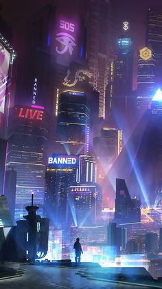 a man standing in the middle of a city with lots of neon lights on it