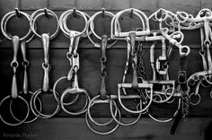 a bunch of different types of horse tackles hanging on a wall with hooks attached to it