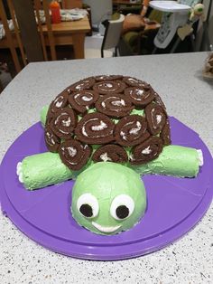 a cake shaped like a turtle sitting on top of a purple plate