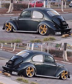 two pictures of a black car with yellow rims on the street, and another photo of an old vw bug