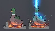 two ducks standing next to each other in front of a building with fire coming out of it