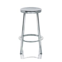 a metal stool with a circular seat on the back and footrest, in front of a white background