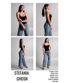 four different pictures of a woman in high rise jeans and black tank top with the words steffania ghoson above her