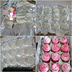 some cupcakes in tin foil and pink frosting