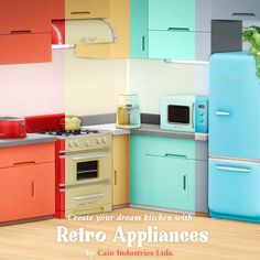 a kitchen with retro appliances and colorful cabinets