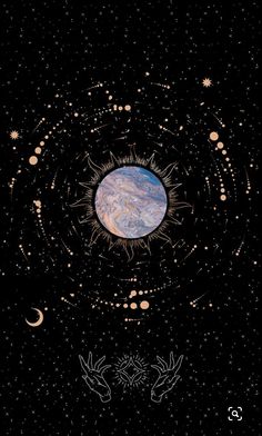 an image of the sun and moon in space with stars, planets, and circles around it